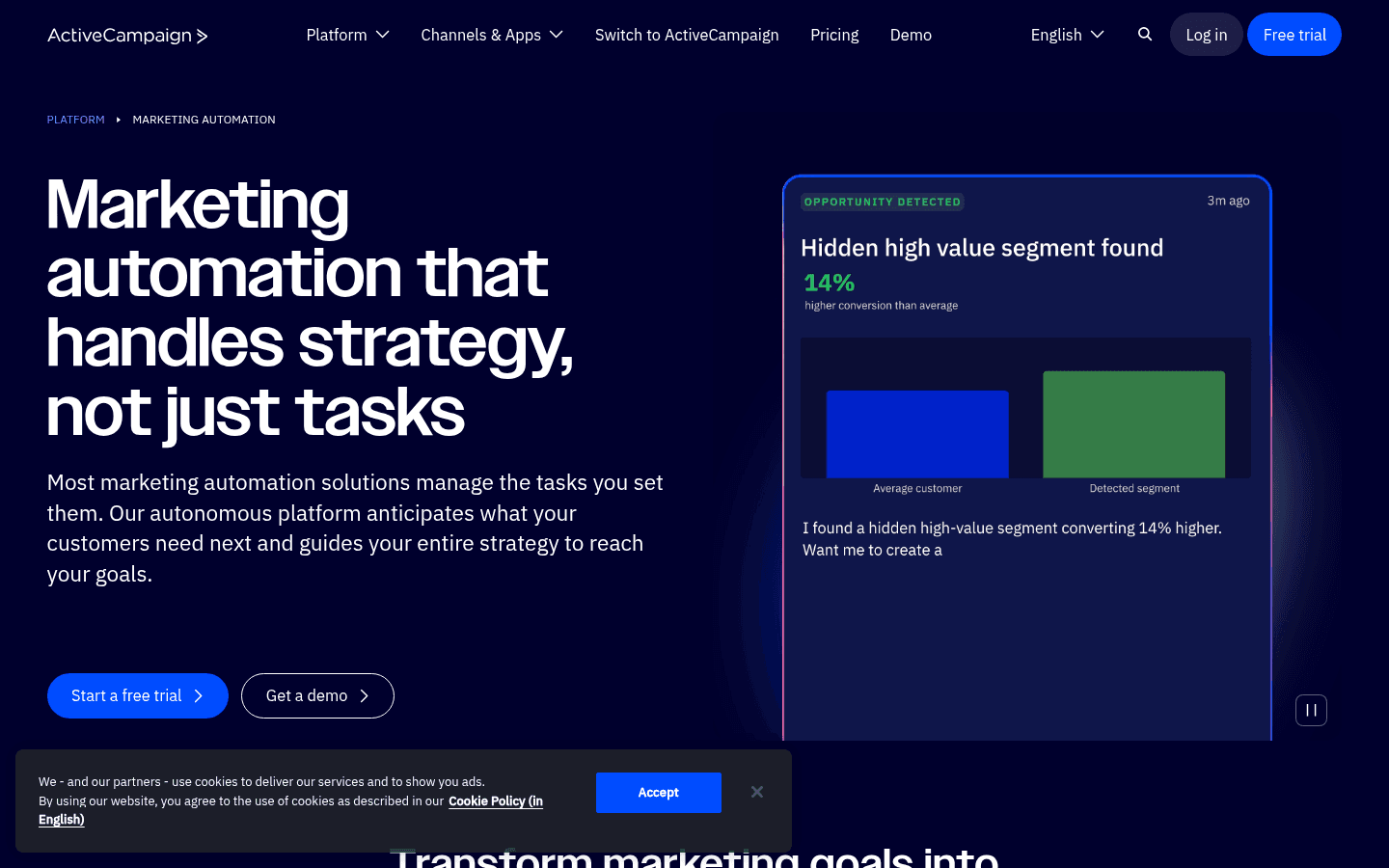 ActiveCampaign marketing automation page showing an AI-detected customer segment and a suggested campaign action.