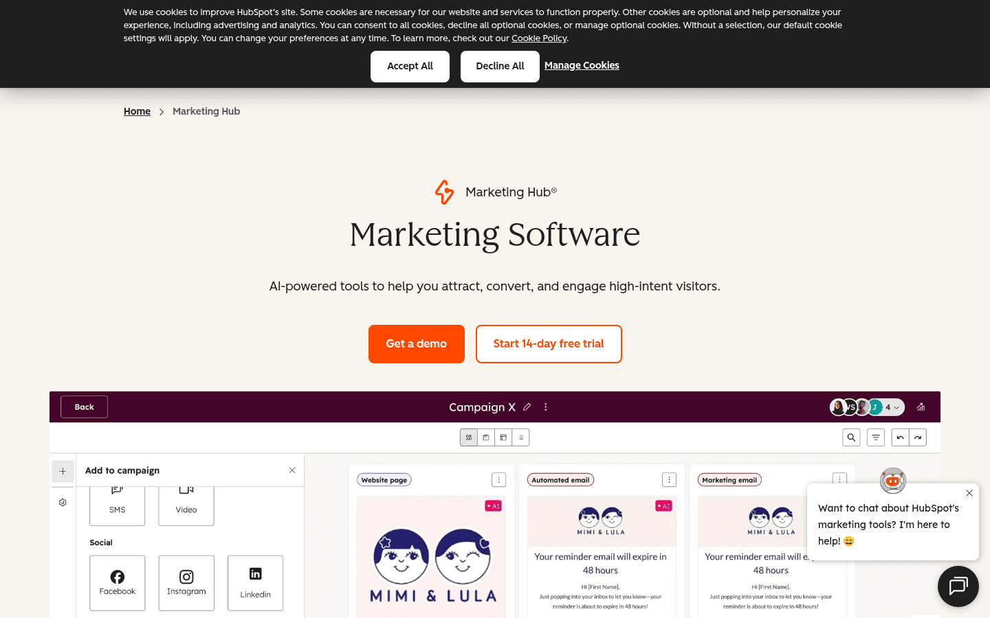 HubSpot Marketing Hub page showing its marketing software and a campaign workspace with web, email, social, SMS, and video assets.
