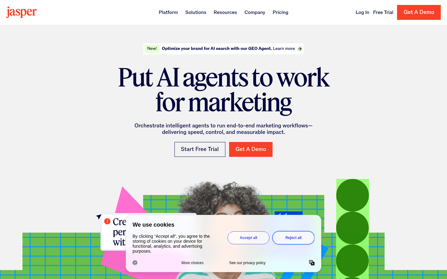 Jasper marketing platform page presenting AI agents for end-to-end marketing workflows.