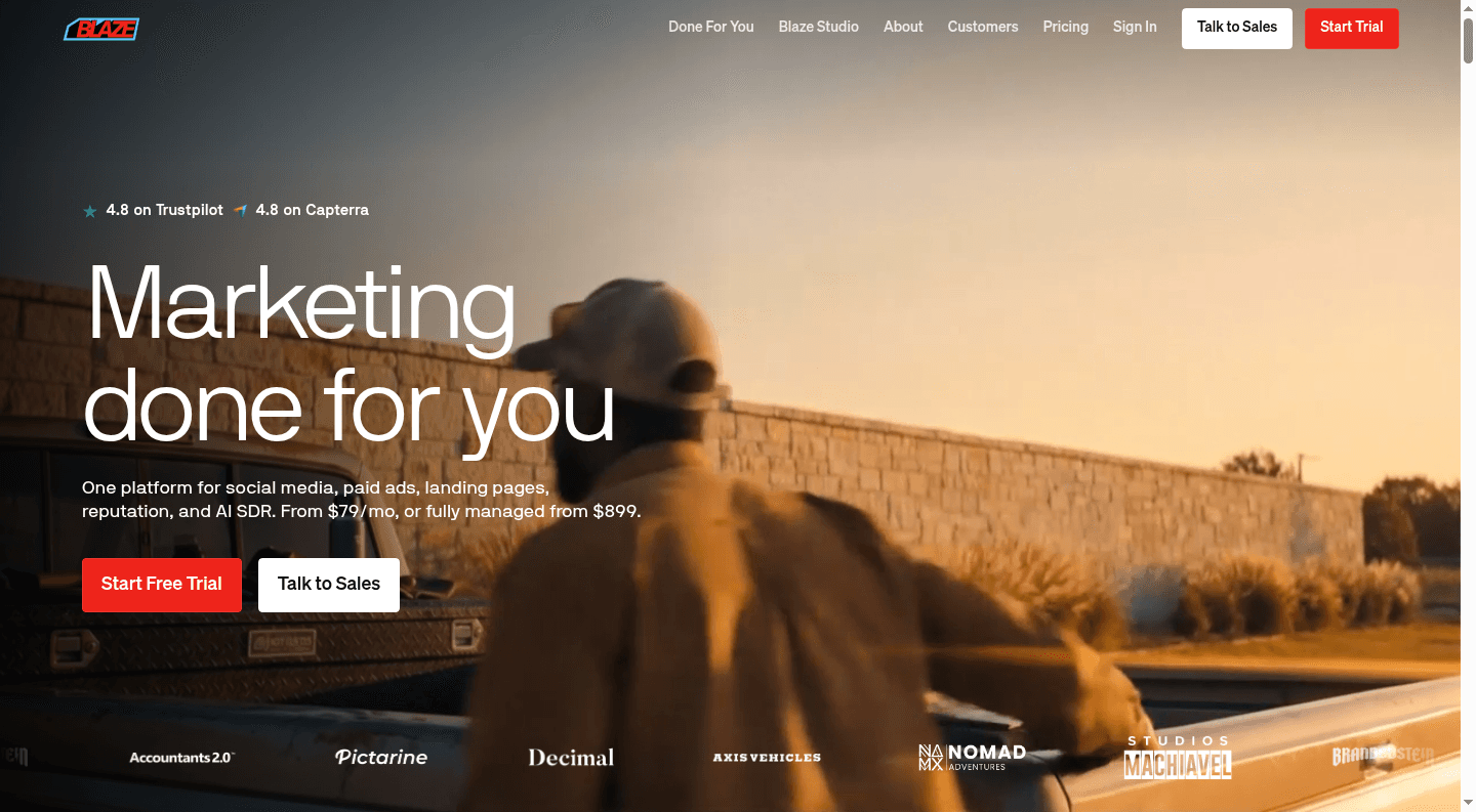 Blaze homepage presenting marketing content, ads, landing pages, reputation management, and AI SDR services.