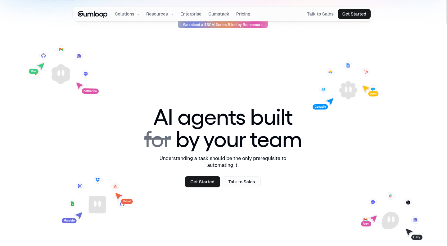 Gumloop homepage presenting AI agents built for work.