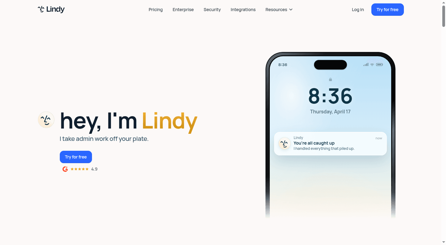 Lindy homepage introducing an AI executive assistant for administrative work.