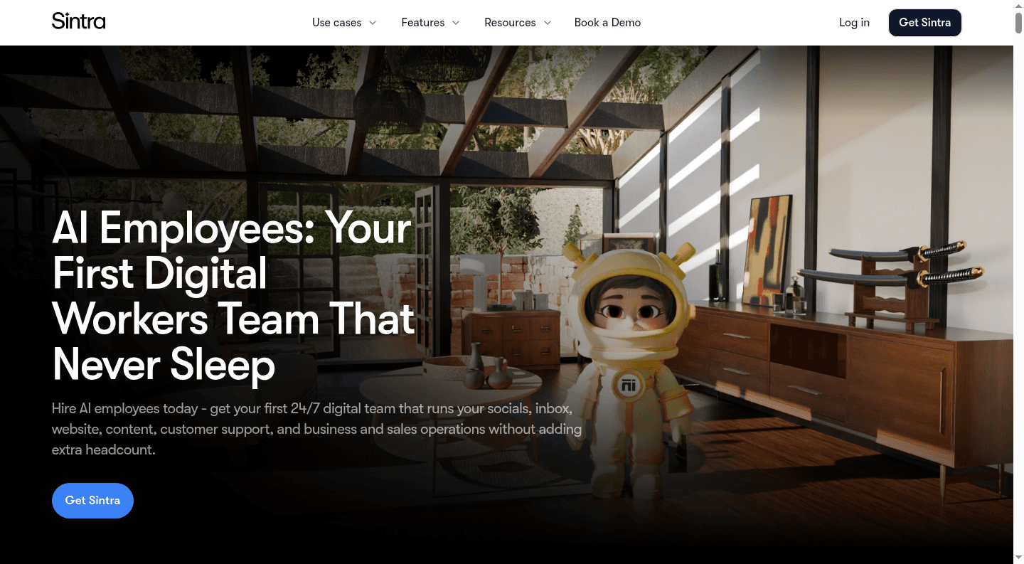 Sintra AI homepage presenting a team of AI employees for business roles.
